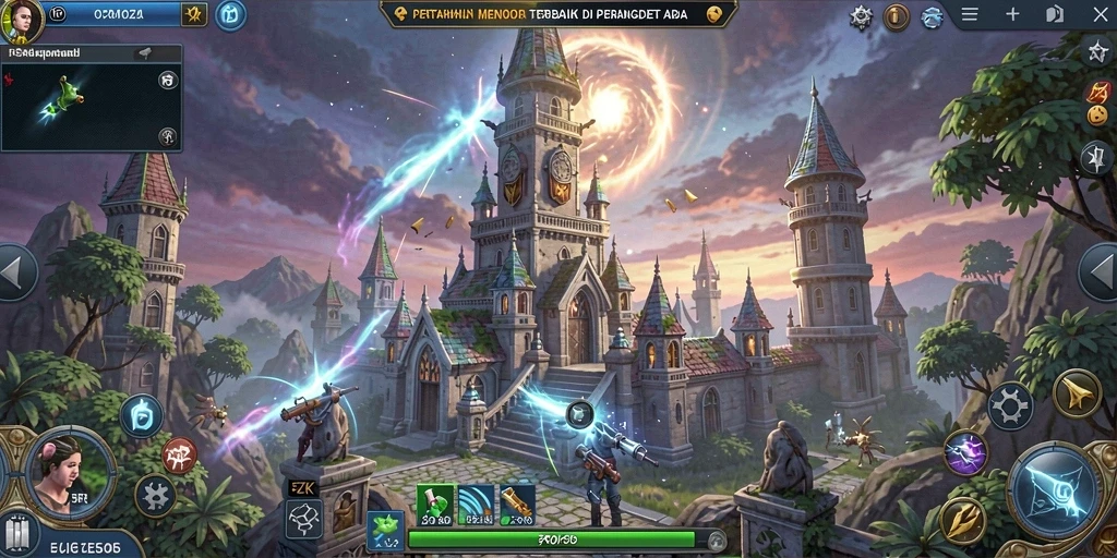 Screenshot gameplay <strong>5ZK</strong> menampilkan pertahanan menara yang dinamis dan musuh yang menyerang.