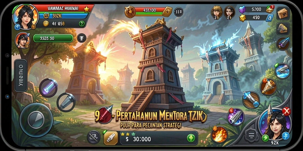 Tampilan gameplay 9ZK dengan pertahanan menara beraksi.