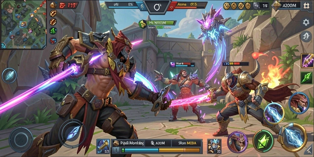 Screenshot A200M menunjukkan pertarungan epik antar tim di arena.