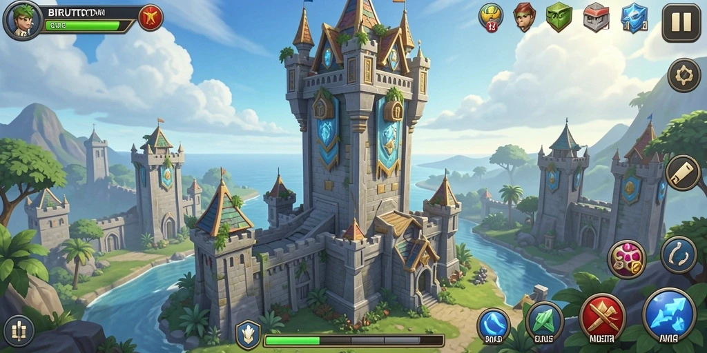 Screenshot gameplay BIRUTOTO yang menunjukkan aksi pertahanan menara yang intens.