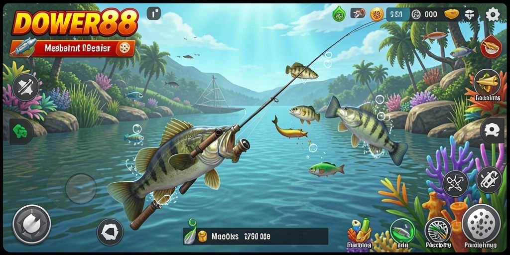 Gameplay DOWER88 yang menampilkan aksi memancing yang seru dan menantang.