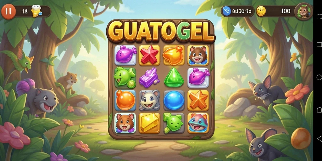 Tampilan gameplay GUATOGEL dengan kombinasi objek Match-3 yang cerah.