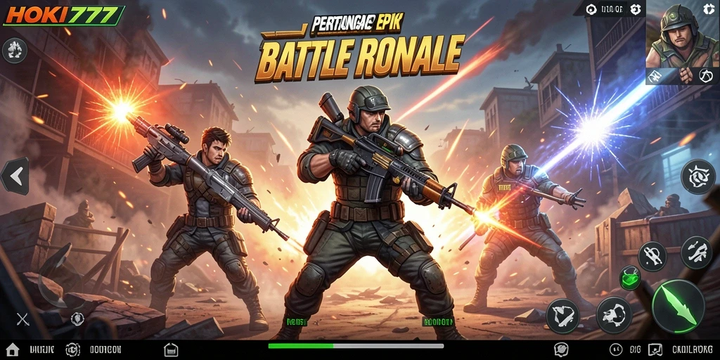 Screenshot utama HOKI777 menampilkan aksi seru dalam gameplay Battle Royale.