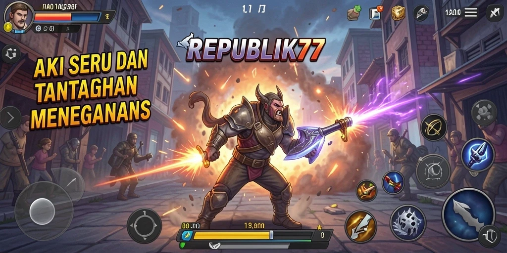 Tampilan gameplay seru dari REPUBLIK77 menunjukkan aksi menegangkan di medan pertempuran.
