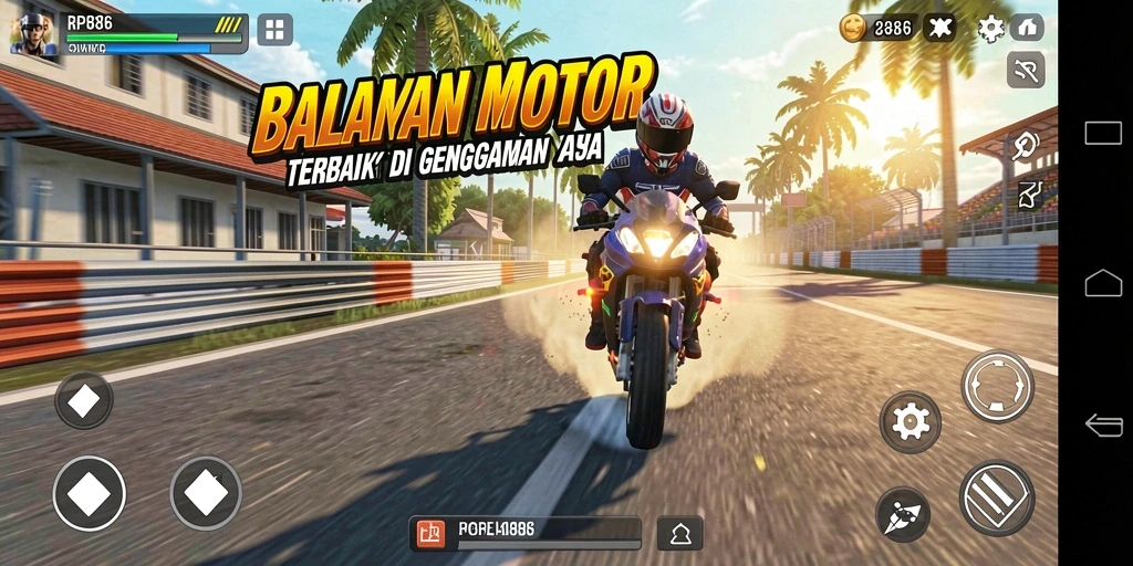 Tampilan gameplay intens RP886 dalam balapan motor penuh aksi.