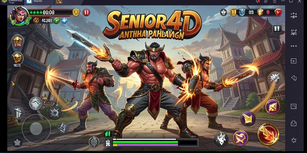 Gameplay SENIOR4D menampilkan pertarungan seru antara pahlawan dengan grafis menarik.
