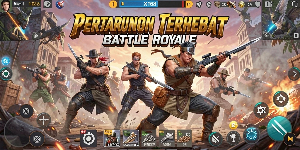 Screenshot utama X168 menampilkan aksi intens dalam pertempuran Battle Royale.