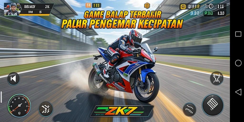 Tampilan gameplay ZK7 yang mendebarkan saat balapan motor.